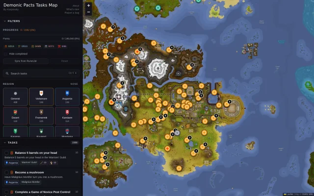 LeaguesMap on desktop: a sidebar with progress, region and difficulty filters and a task list, next to the Old School RuneScape world map covered in orange task pins.