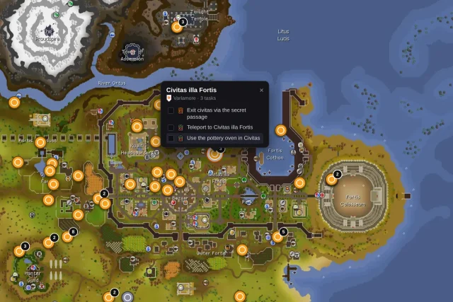 Zoomed-in map of Civitas illa Fortis in Varlamore, with task pins on its buildings and an open popup listing three tasks at one location.
