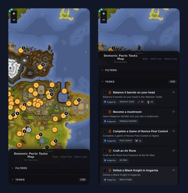 Two phone screenshots. Left: the map fills the screen with a collapsed bottom sheet. Right: the sheet pulled up to the task list, with checkboxes and region tags.